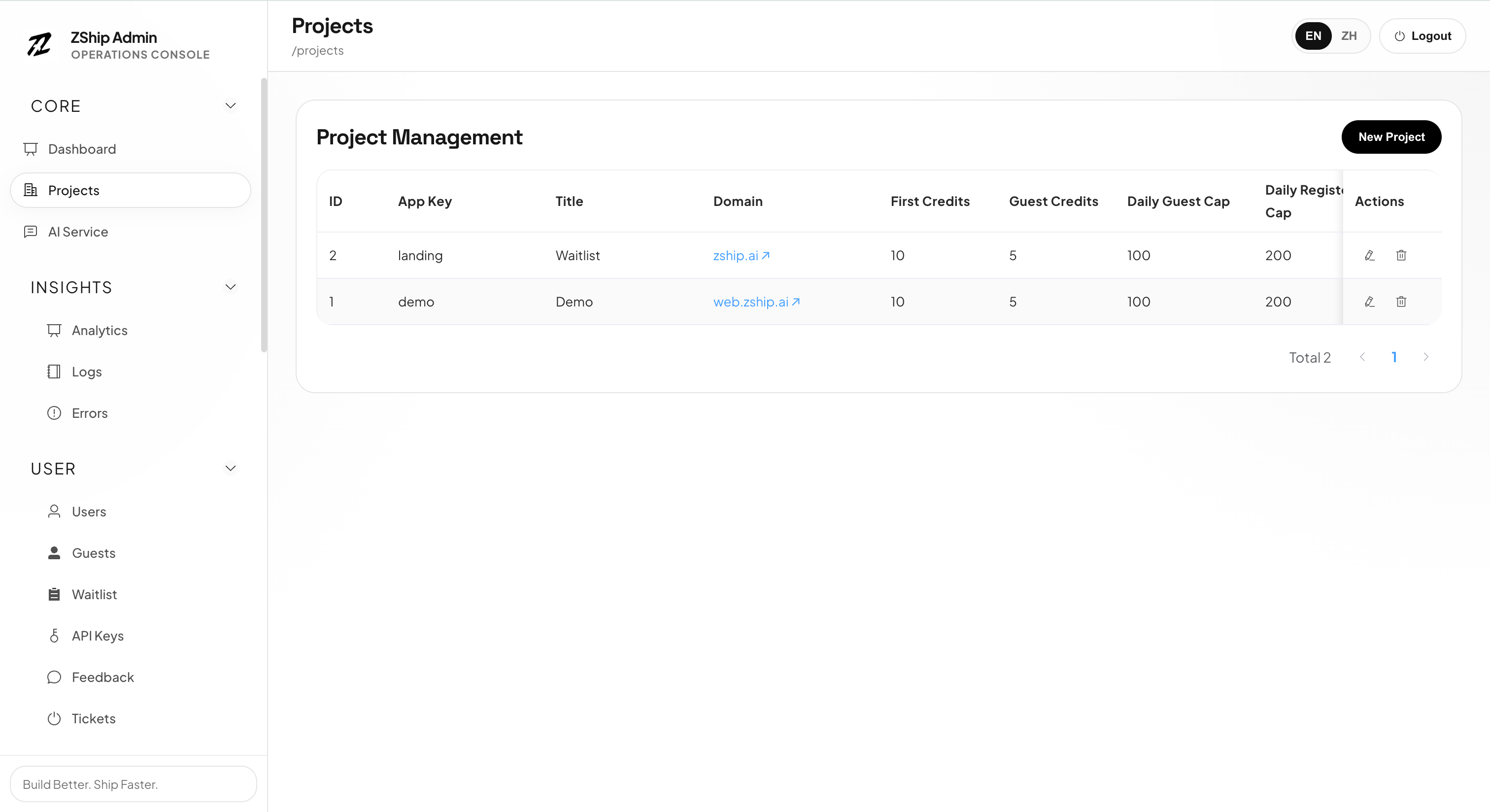 ZShip site portfolio and configuration preview